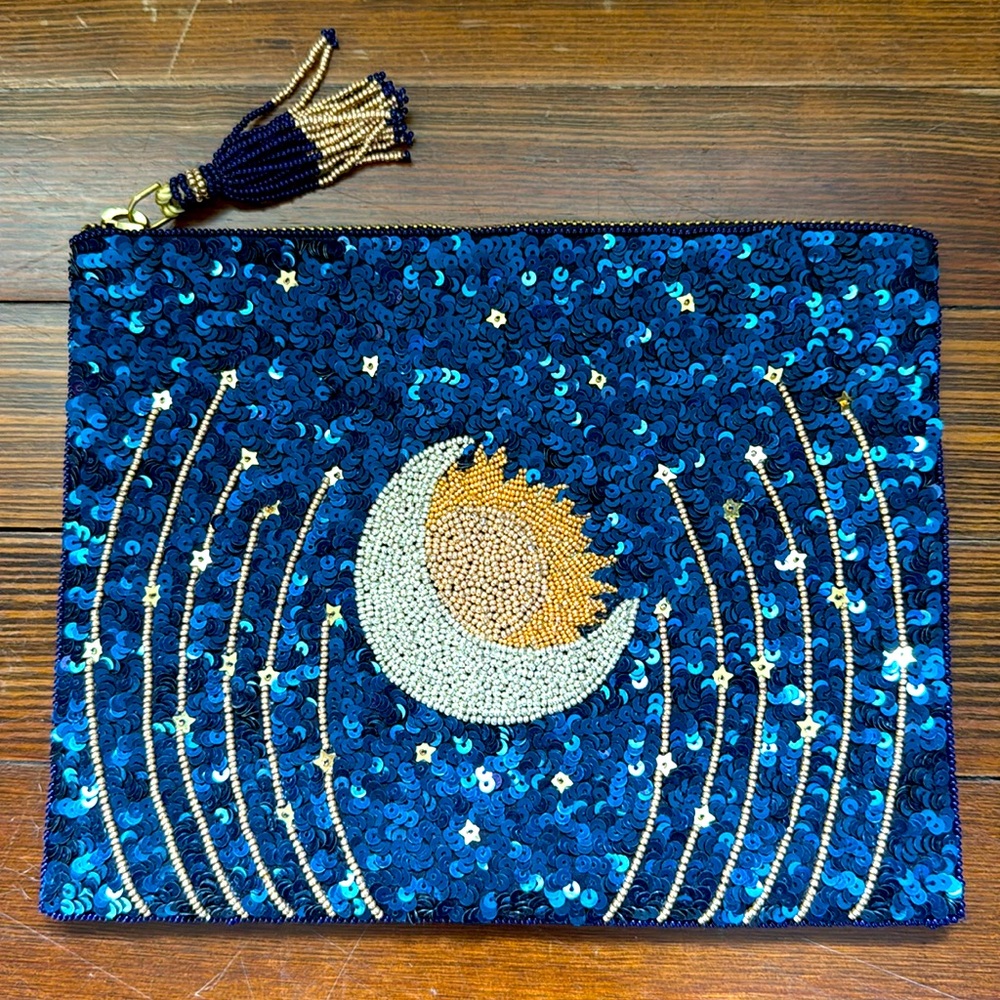 Olivia Dar Royal Blue Sequin Celestial Clutch with Gold Tassel